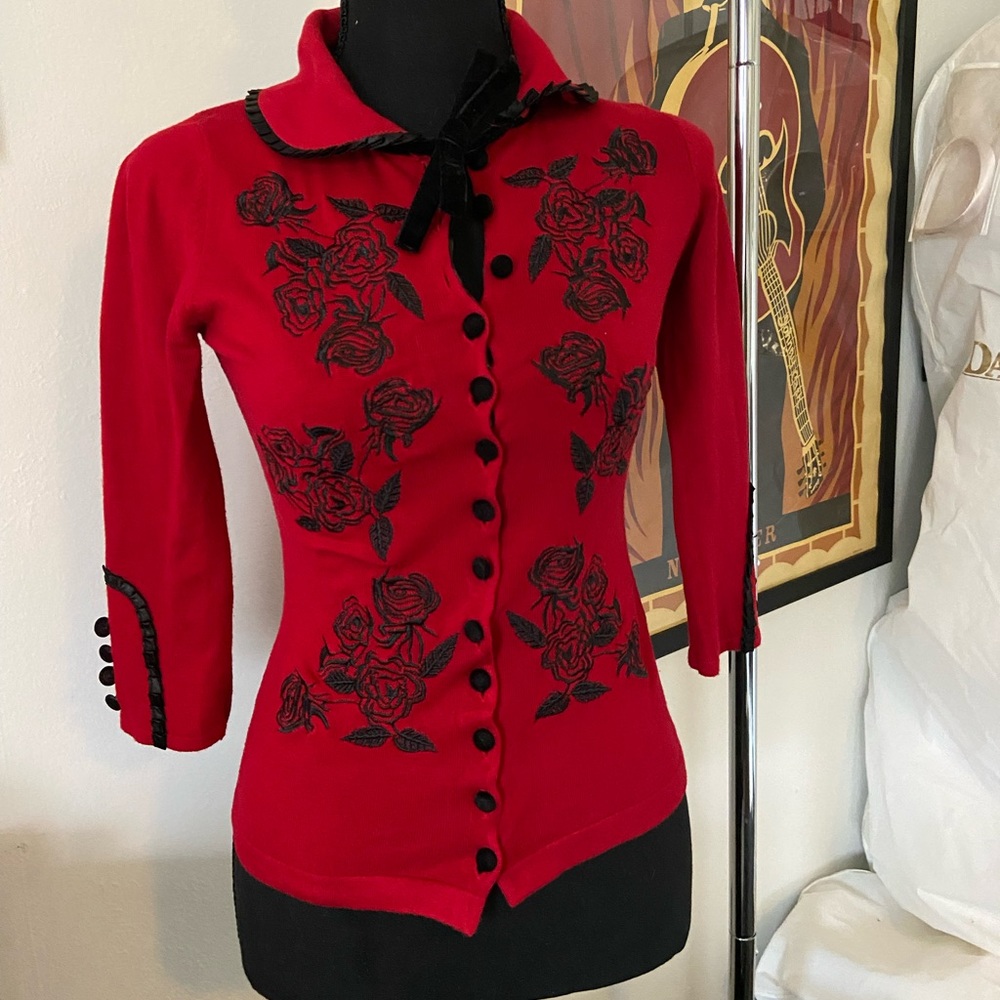 Elegant Red Rose Embroidered Sweater